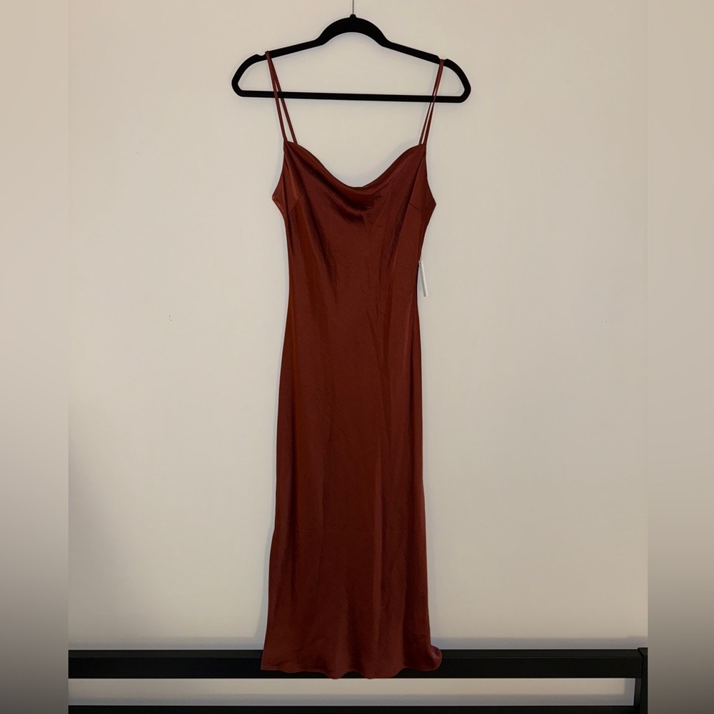 NWT Express Satin Cowl Neck Rust Slip Midi Dress